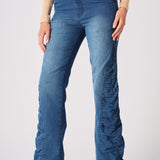 MAIA Ruched High Waisted Flare Jeans - Mid Blue - JMOJO - Women's Flare Jeans
