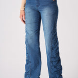 MAIA Ruched High Waisted Flare Jeans - Mid Blue - JMOJO - Women's Flare Jeans