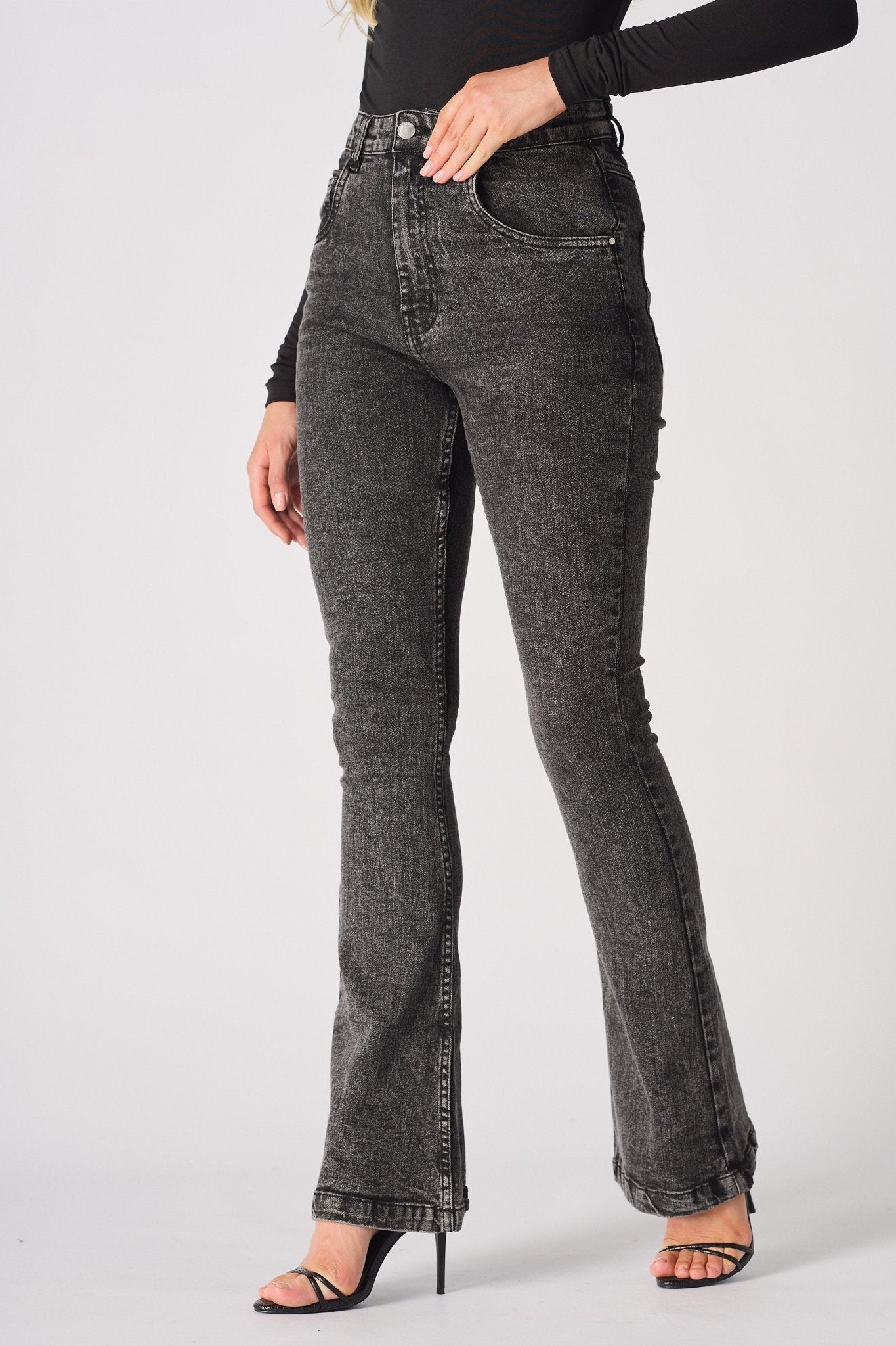 NYXIA High Waisted Fitted Flare Jeans - Black Acid Wash - JMOJO - Women's Flare Jeans