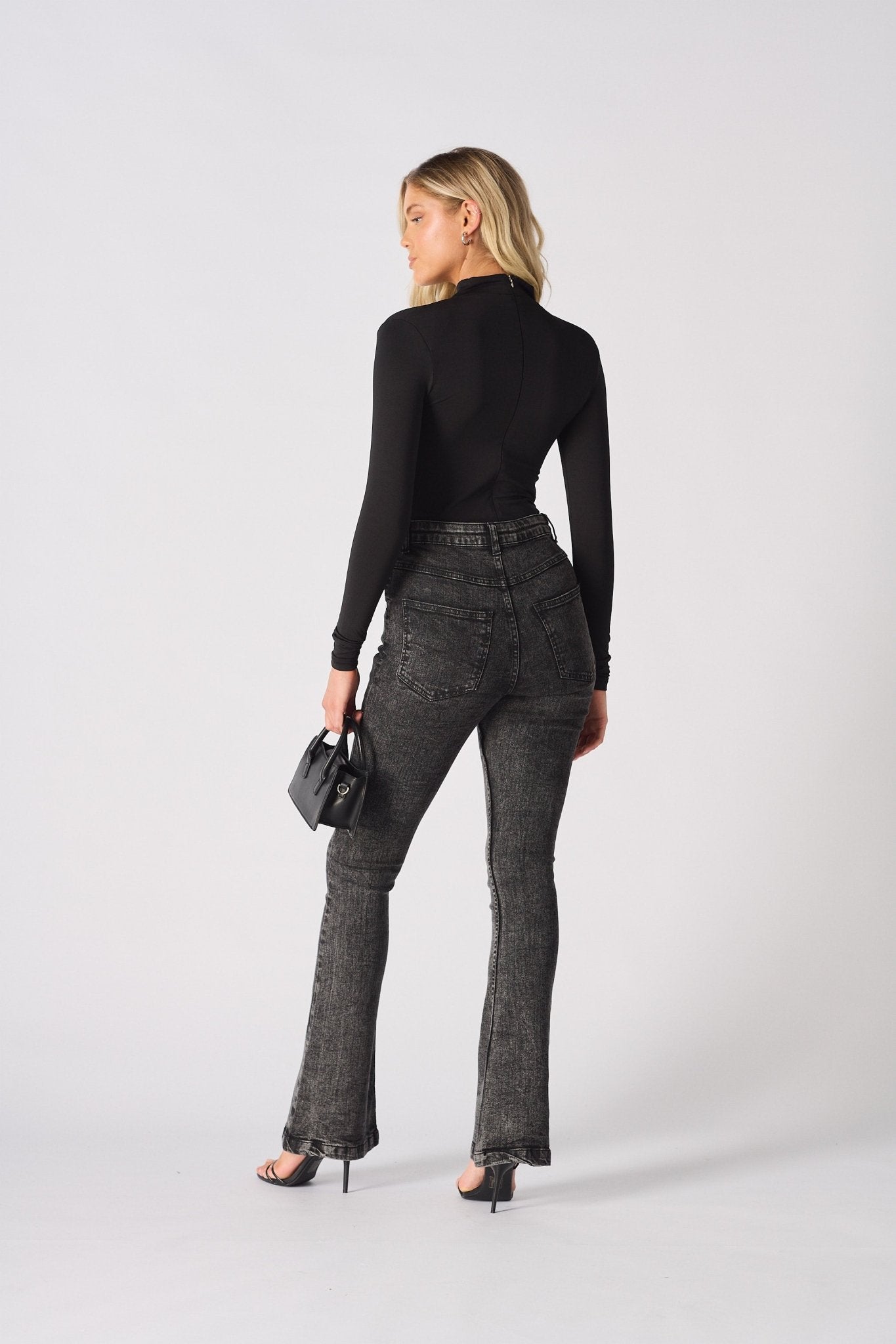 NYXIA High Waisted Fitted Flare Jeans - Black Acid Wash - JMOJO - Women's Flare Jeans