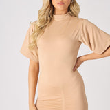 RUCHED DETAIL SHORT SLEEVE MINI DRESS - BEIGE - JMOJO - Women's Dresses