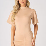RUCHED DETAIL SHORT SLEEVE MINI DRESS - BEIGE - JMOJO - Women's Dresses