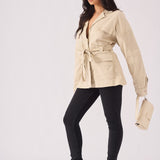 Utility Pocket Denim Cargo Jacket - BEIGE - JMOJO - Women's Cargo Denim Jackets Dress