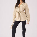 Utility Pocket Denim Cargo Jacket - BEIGE - JMOJO - Women's Cargo Denim Jackets Dress