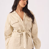 Utility Pocket Denim Cargo Jacket - BEIGE - JMOJO - Women's Cargo Denim Jackets Dress