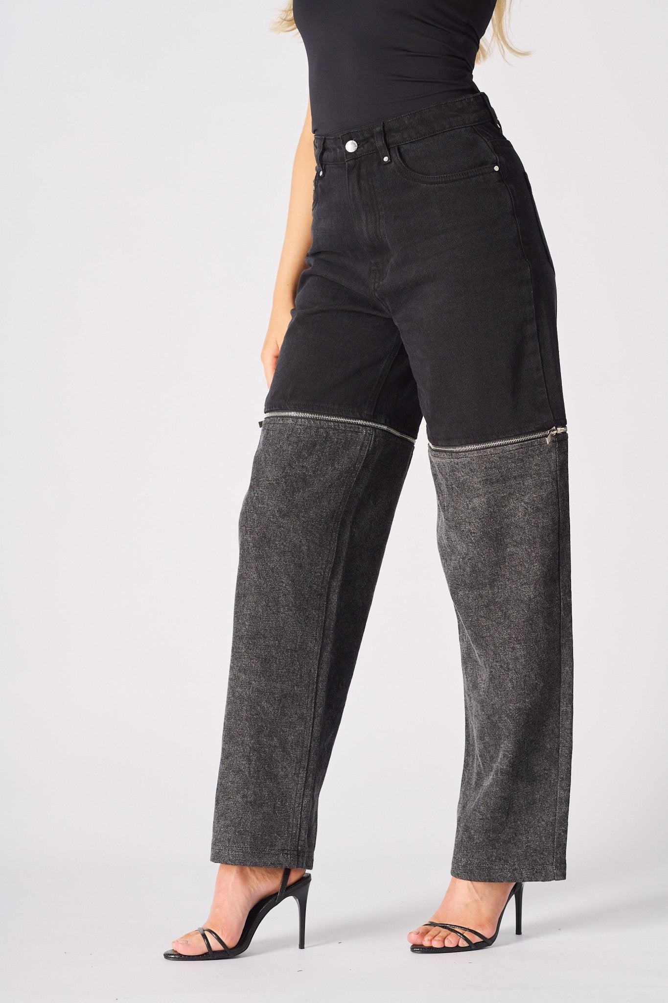 ZARIA 2 - in - 1 Detachable Wide Leg Jeans - Black Acid Wash - JMOJO - Women's Wide leg Jeans Detachable