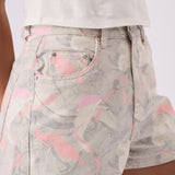 ABSTRACT PRINTED DENIM SHORT - PINK - JMOJO - Women's Printed Denim Shorts