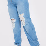 Babine Plus Size High Rise Straight Leg Ripped Jeans - Mid Blue Wash - JMOJO - Women's Straight Leg Jeans