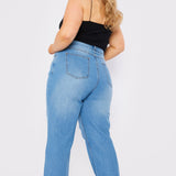 Babine Plus Size High Rise Straight Leg Ripped Jeans - Mid Blue Wash - JMOJO - Women's Straight Leg Jeans