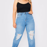 Babine Plus Size High Rise Straight Leg Ripped Jeans - Mid Blue Wash - JMOJO - Women's Straight Leg Jeans