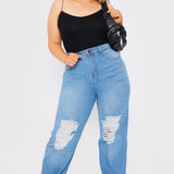 Babine Plus Size High Rise Straight Leg Ripped Jeans - Mid Blue Wash - JMOJO - Women's Straight Leg Jeans