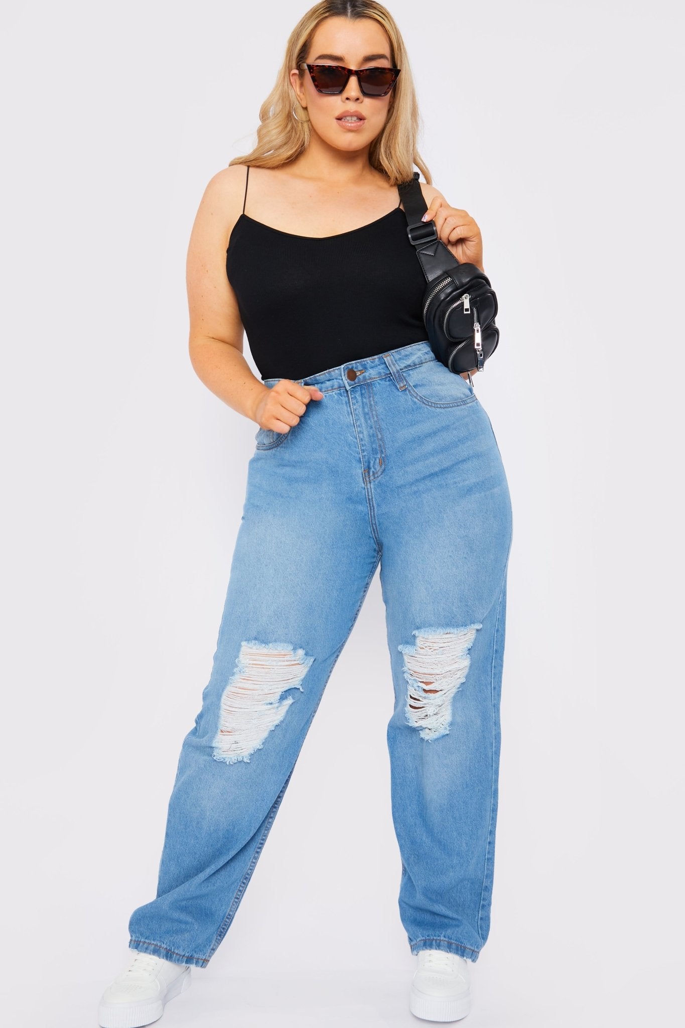 Babine Plus Size High Rise Straight Leg Ripped Jeans - Mid Blue Wash - JMOJO - Women's Straight Leg Jeans