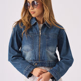 CROPPED DENIM JACKET - BLUE - JMOJO - Women's Cropped Denim Jackets