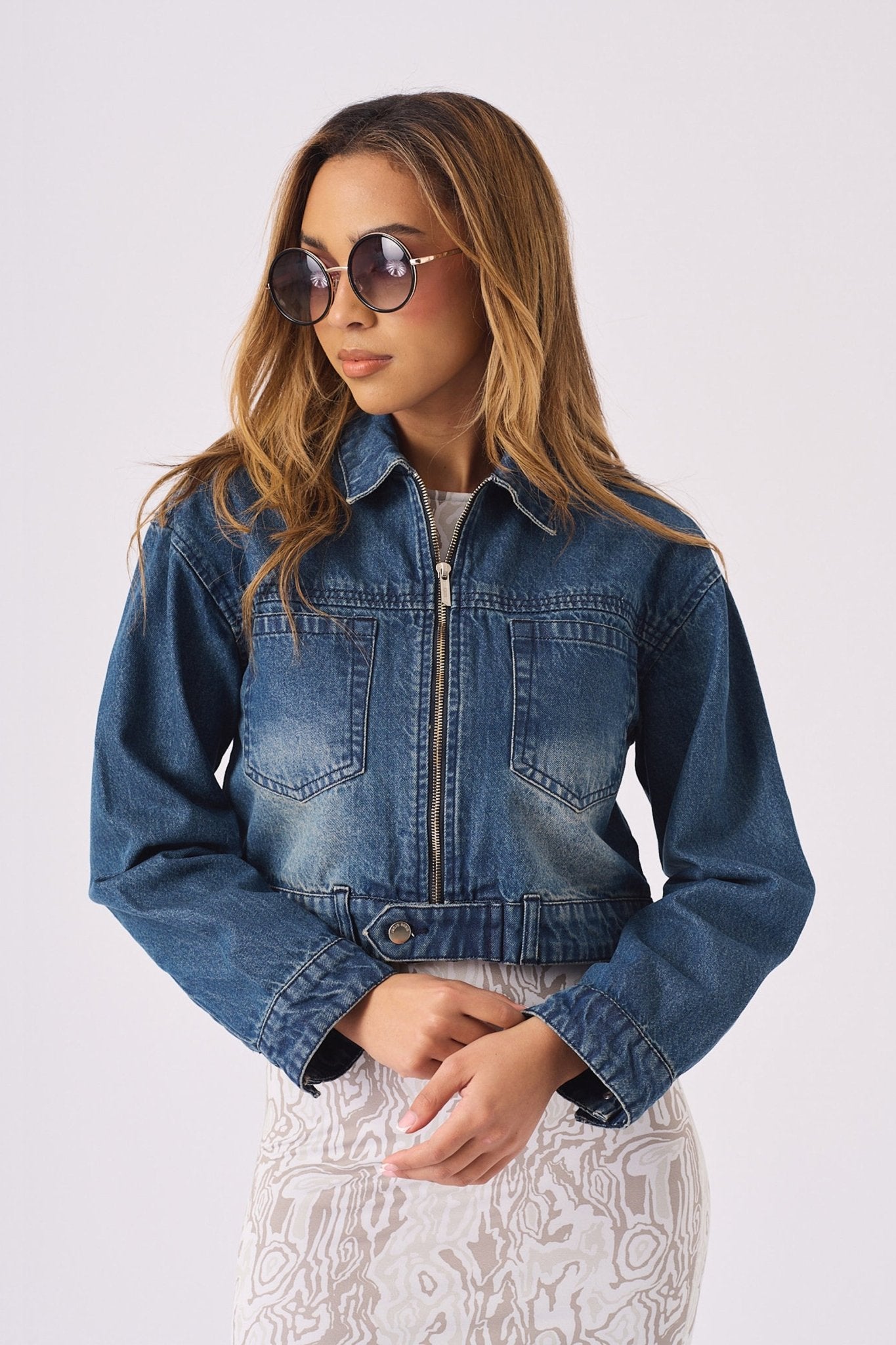 CROPPED DENIM JACKET - BLUE - JMOJO - Women's Cropped Denim Jackets