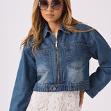 CROPPED DENIM JACKET - BLUE - JMOJO - Women's Cropped Denim Jackets