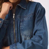 CROPPED DENIM JACKET - BLUE - JMOJO - Women's Cropped Denim Jackets