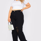 Evora Plus Size High Waisted Straight Leg Ripped Jeans - Black - JMOJO - Women's Straight Leg Jeans