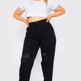 Evora Plus Size High Waisted Straight Leg Ripped Jeans - Black - JMOJO - Women's Straight Leg Jeans