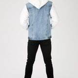 FLEECE HOODED DENIM JACKET - LIGHT BLUE WASH - JMOJO - Men's Fleece Hooded Denim Jackets