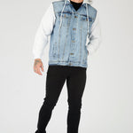 FLEECE HOODED DENIM JACKET - LIGHT BLUE WASH - JMOJO - Men's Fleece Hooded Denim Jackets