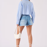 FRAYED DENIM SHORTS - LIGHT BLUE WASH - JMOJO - Women's Denim Shorts