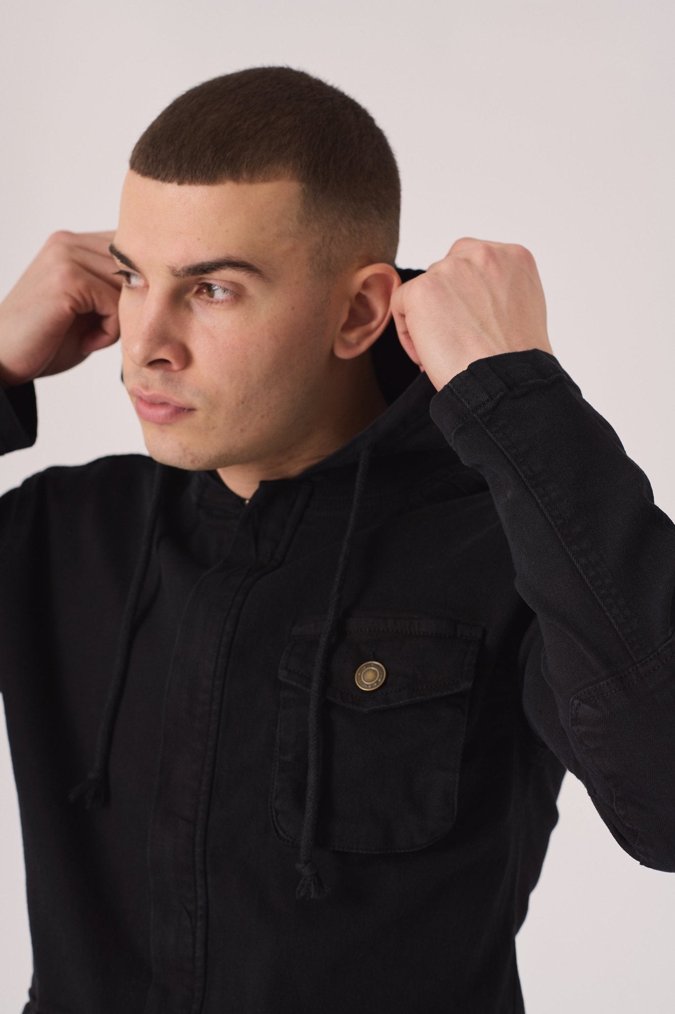 HOODED DENIM JACKET - BLACK - JMOJO - Men's Hooded Cargo Denim Jackets
