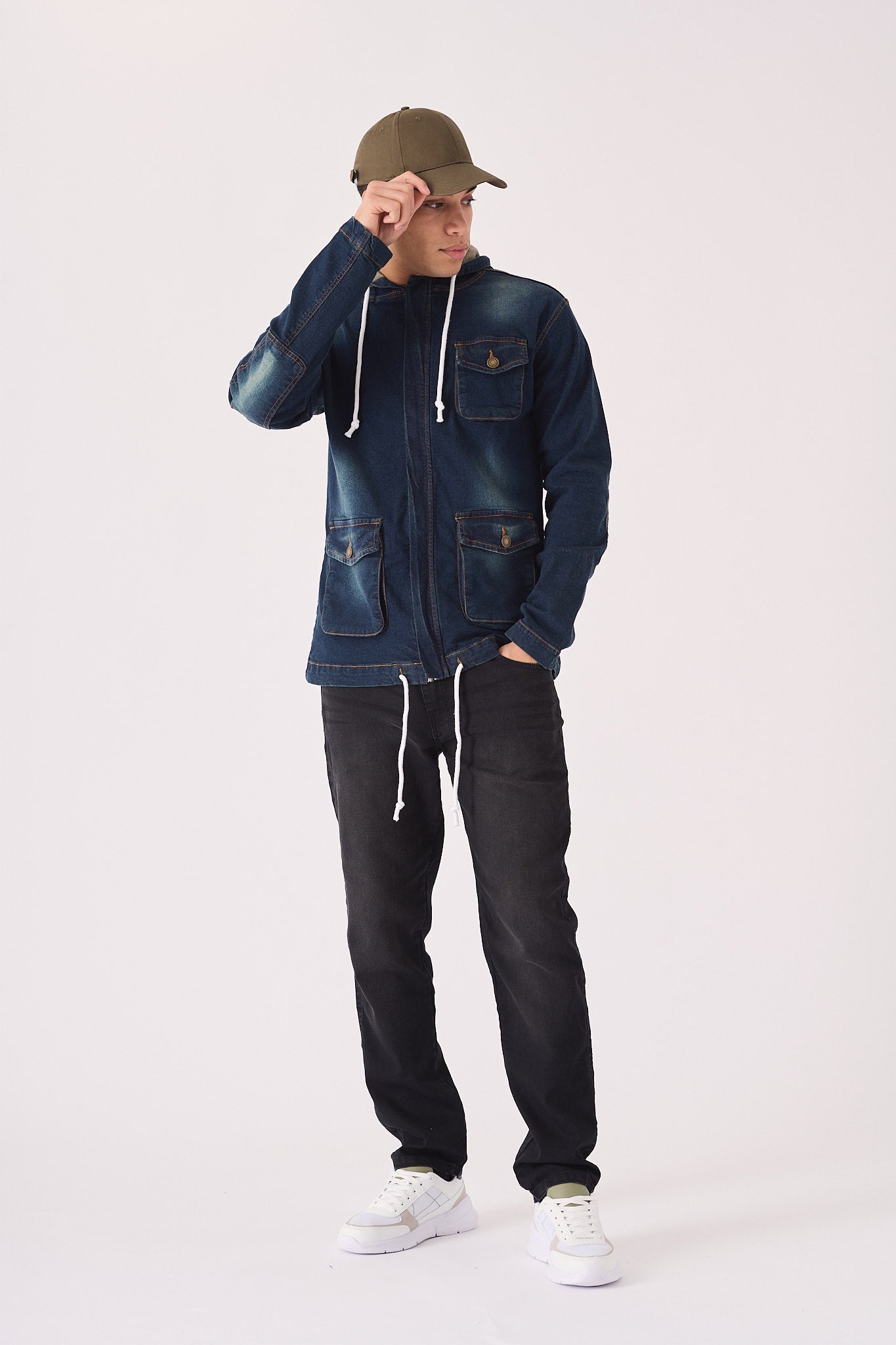 HOODED DENIM JACKET - INDIGO BLUE - JMOJO - Men's Hooded Cargo Denim Jackets