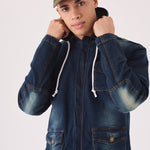 HOODED DENIM JACKET - INDIGO BLUE - JMOJO - Men's Hooded Cargo Denim Jackets