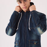HOODED DENIM JACKET - INDIGO BLUE - JMOJO - Men's Hooded Cargo Denim Jackets