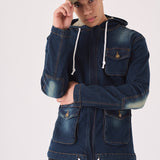 HOODED DENIM JACKET - INDIGO BLUE - JMOJO - Men's Hooded Cargo Denim Jackets