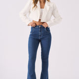 LYRA High Waisted Frayed Hem Flare Jeans - Mid Blue Denim - JMOJO - Women's Flare Jeans