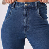 LYRA High Waisted Frayed Hem Flare Jeans - Mid Blue Denim - JMOJO - Women's Flare Jeans