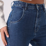 LYRA High Waisted Frayed Hem Flare Jeans - Mid Blue Denim - JMOJO - Women's Flare Jeans