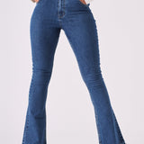 LYRA High Waisted Frayed Hem Flare Jeans - Mid Blue Denim - JMOJO - Women's Flare Jeans