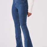 LYRA High Waisted Frayed Hem Flare Jeans - Mid Blue Denim - JMOJO - Women's Flare Jeans