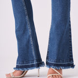 LYRA High Waisted Frayed Hem Flare Jeans - Mid Blue Denim - JMOJO - Women's Flare Jeans