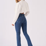 LYRA High Waisted Frayed Hem Flare Jeans - Mid Blue Denim - JMOJO - Women's Flare Jeans