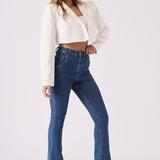 LYRA High Waisted Frayed Hem Flare Jeans - Mid Blue Denim - JMOJO - Women's Flare Jeans