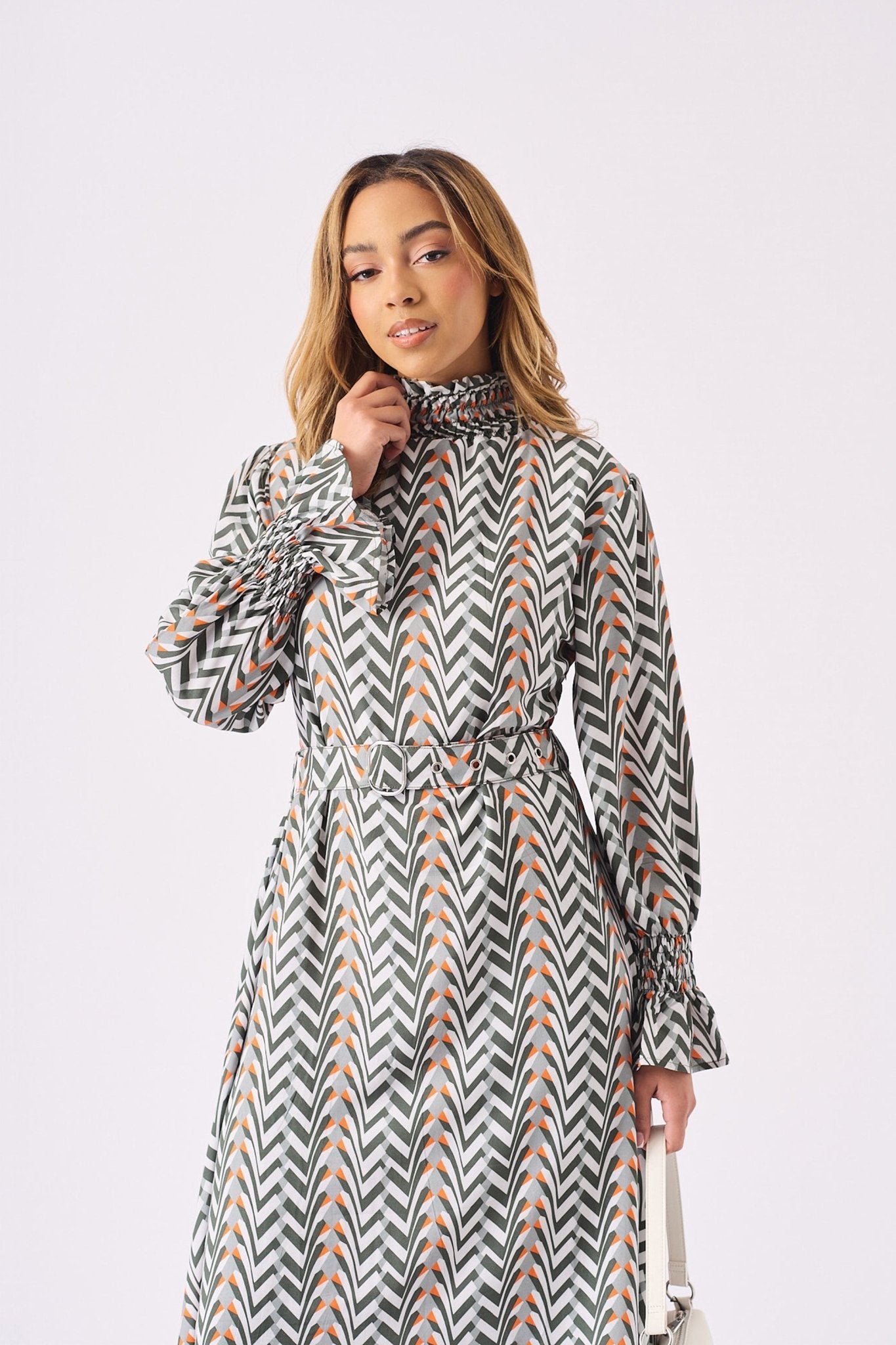 MAXI PRINTED SMOCKED DRESS WITH BELT - GREY - JMOJO - Women's Dresses