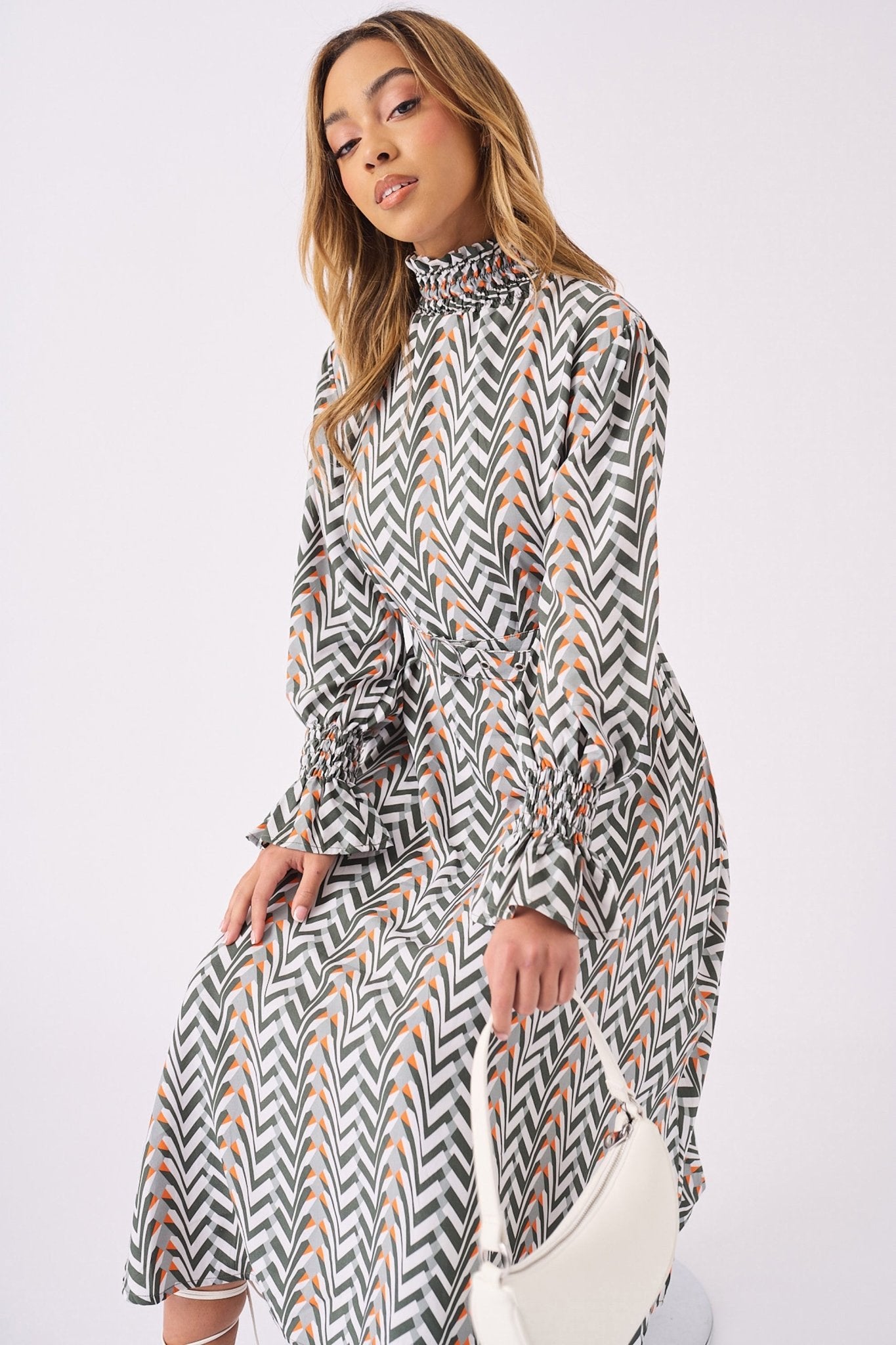 MAXI PRINTED SMOCKED DRESS WITH BELT - GREY - JMOJO - Women's Dresses