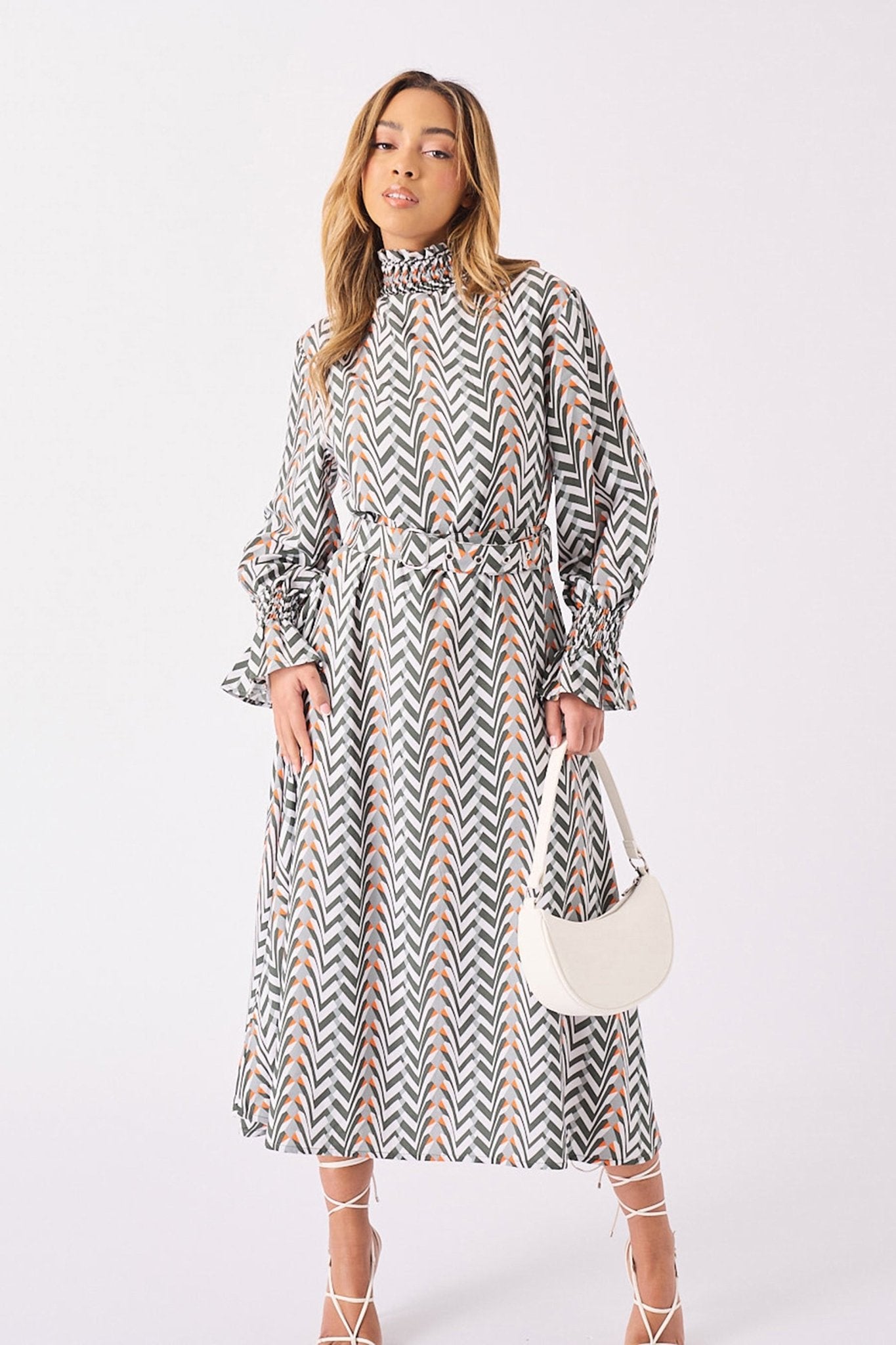 MAXI PRINTED SMOCKED DRESS WITH BELT - GREY - JMOJO - Women's Dresses