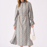 MAXI PRINTED SMOCKED DRESS WITH BELT - GREY - JMOJO - Women's Dresses