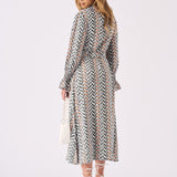 MAXI PRINTED SMOCKED DRESS WITH BELT - GREY - JMOJO - Women's Dresses