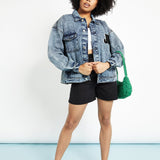 OVERSIZED DENIM JACKET - BLUE - JMOJO - Women's Oversized Printed denim Jackets