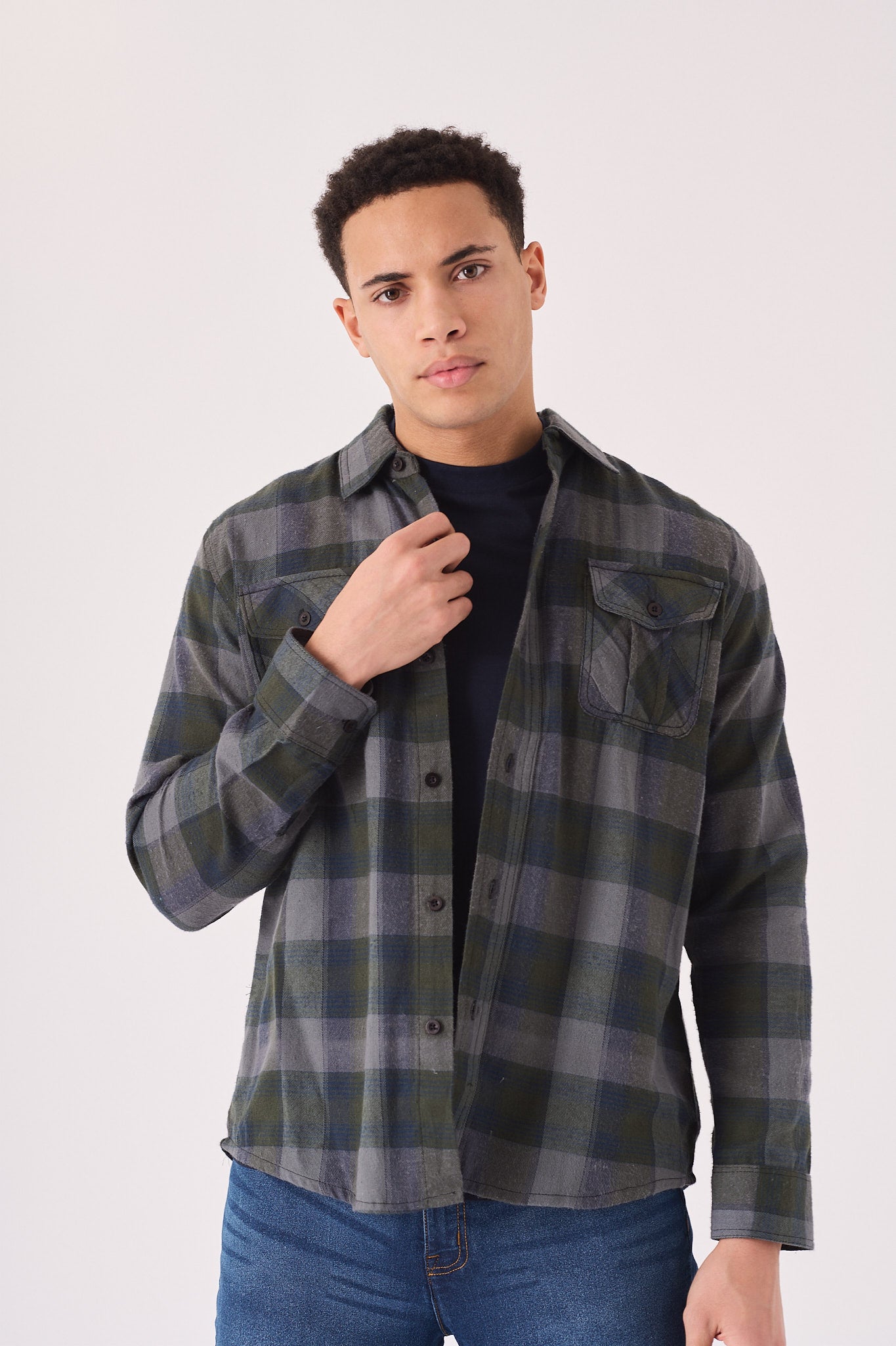 PLAID FLANNEL CHECK SHIRT - GREY OLIVE - JMOJO - Men's Check Shirts