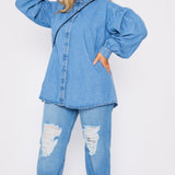 PLUS SIZE BALLOON SLEEVE DENIM SHIRT - LIGHT BLUE - JMOJO - Women's Oversize Denim Shirts