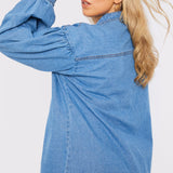 PLUS SIZE BALLOON SLEEVE DENIM SHIRT - LIGHT BLUE - JMOJO - Women's Oversize Denim Shirts