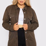PLUS SIZE LONG DENIM SHIRT - BROWN - JMOJO - Women's Oversize Denim Shirts
