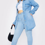 PLUS SIZE LONG DENIM SHIRT - LIGHT BLUE WASH - JMOJO - Women's Oversize Denim Shirts