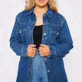 PLUS SIZE LONG DENIM SHIRT - MID BLUE - JMOJO - Women's Oversize Denim Shirts